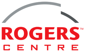 Red letters at the bottom say "Center" bold red letters above that say "Rogers" above that is a gray silhouette of the stadiums retractable roof