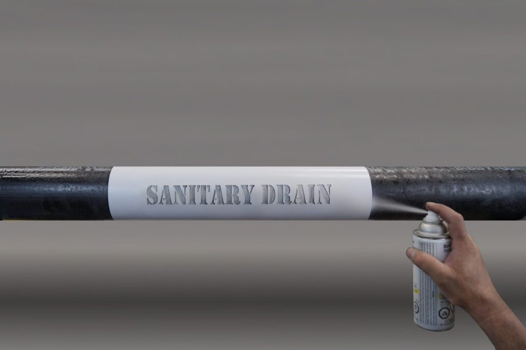 A close-up of a black pipe with a white stencil applied. There is a man holding a spray can applying paint to the stencil