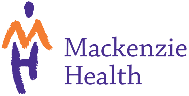 The word Mackenzie health in purple thin letters. To the right is a stylized letter "M H" that form a silhouette of a person