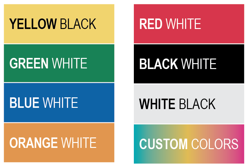 A two column for row chart showcasing the common colors available.