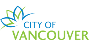 Small text at the top saying city of with large text at the bottom saying Vancouver. There is a stylized flower in the top left corner