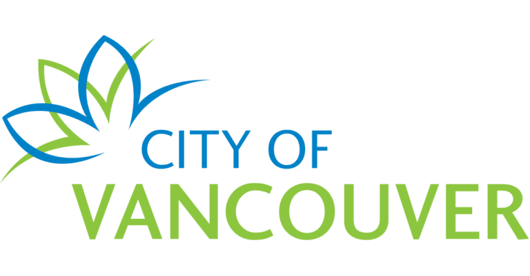 Small text at the top saying city of with large text at the bottom saying Vancouver. There is a stylized flower in the top left corner