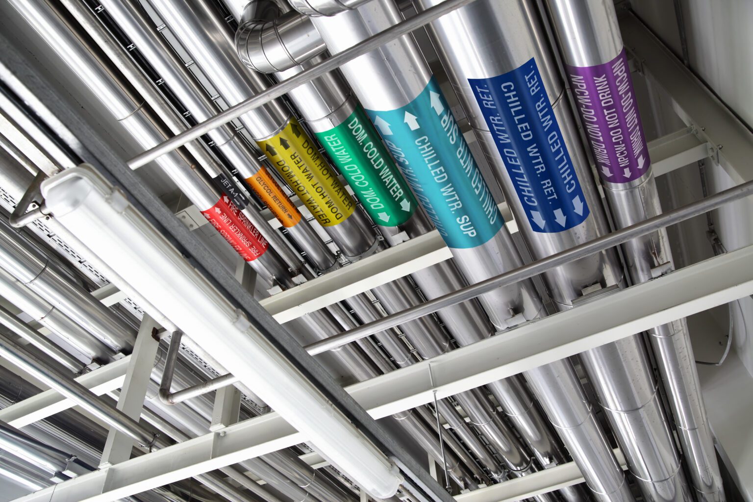 Looking up at a industrial ceiling full of steel pipes showcasing the different pipe labels in various colors and legends describing what is running through them.