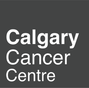 A Dark gray square with the words Calgary Cancer Center cut out on three lines