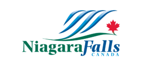 The word "Niagara Falls" in classic lettering with a stylized waterfall above it. There is a red Maple Leaf above the word "falls"